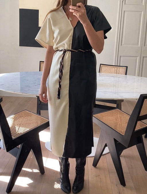 Iris Dress in Ivory Boucle & Vegan Black Leather